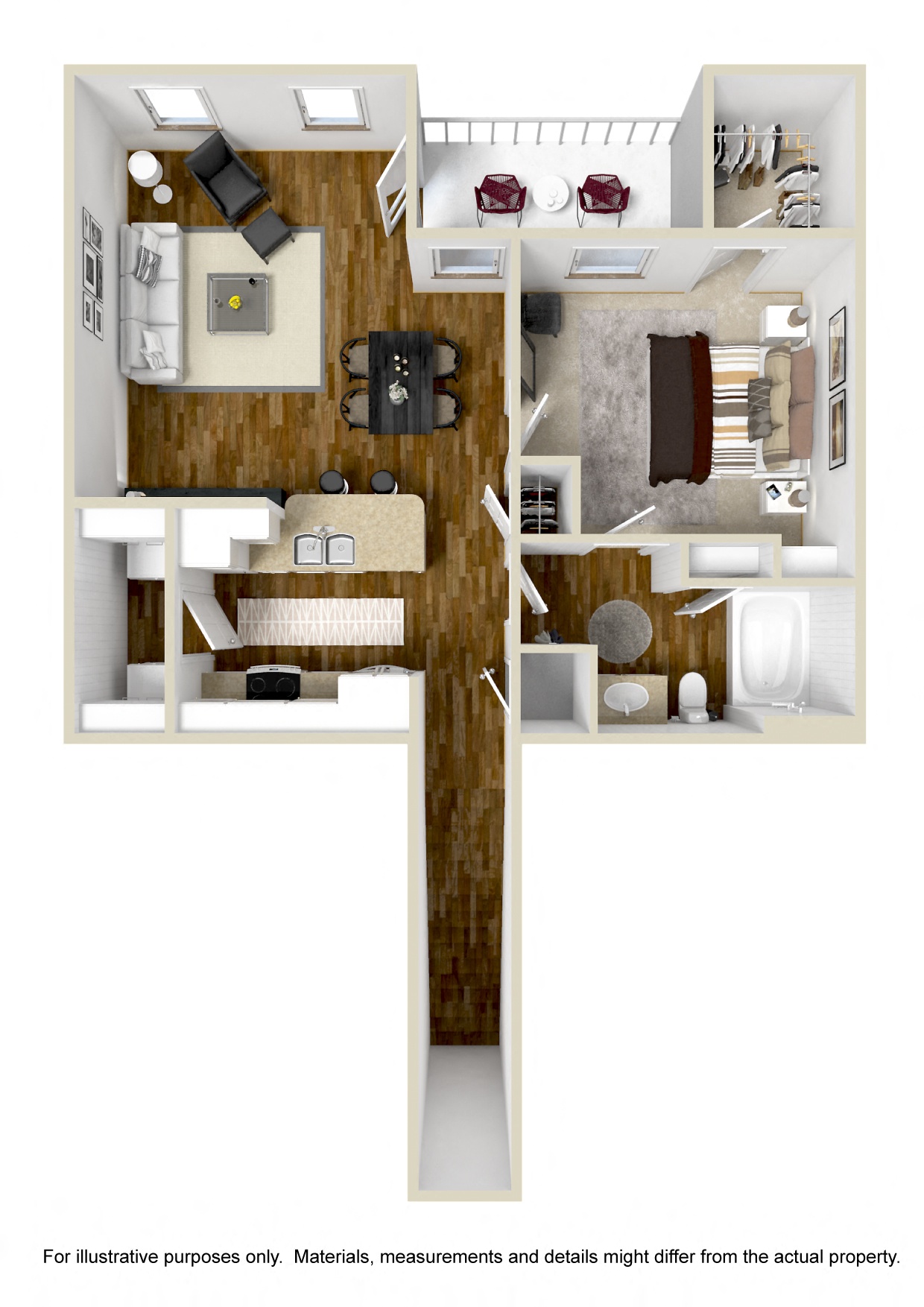 Floor plan for 1 bed, 1 bath, 859 sqft